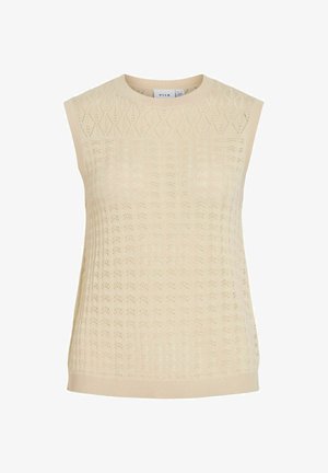 Top beige en maille sans manches avec des motifs ajourés en forme de losange et d’éventail, encolure ronde et bord-côtes à l’ourlet et aux emmanchures.