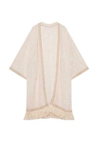 Kimono de frente abierto en beige claro con intrincados patrones tejidos, ribete en contraste y detalles de flecos en el dobladillo. Textura suave y corte holgado.