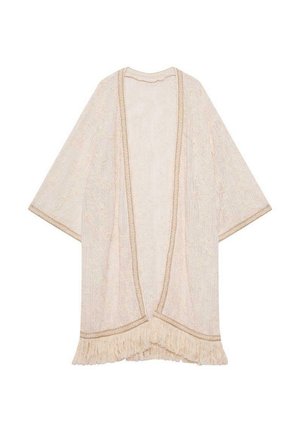 Kimono de frente abierto en beige claro con intrincados patrones tejidos, ribete en contraste y detalles de flecos en el dobladillo. Textura suave y corte holgado.