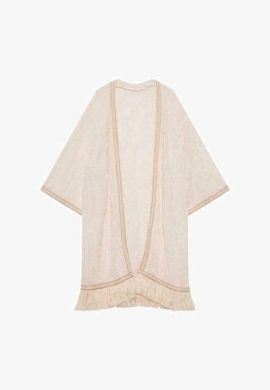 Kimono de frente abierto en beige claro con intrincados patrones tejidos, ribete en contraste y detalles de flecos en el dobladillo. Textura suave y corte holgado.