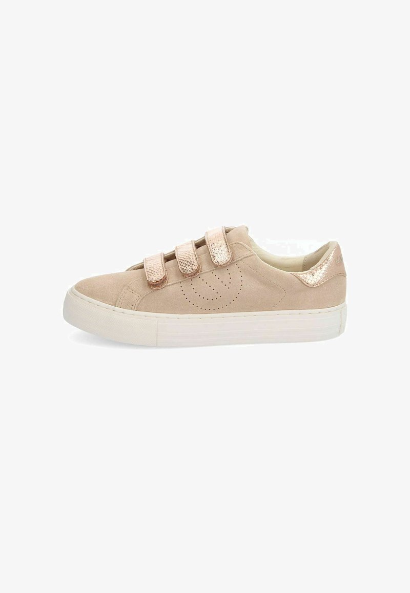 Beige suede sneaker with three rose gold Velcro straps, white rubber sole, and perforated design on the sides for breathability.
