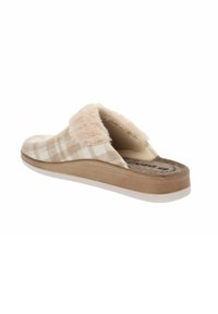 Pantofole a quadri beige e bianche con un morbido colletto in pelliccia sintetica, solette in schiuma spessa e suola con texture in legno.