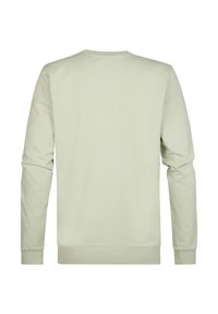 Lichtgroene sweatshirt met lange mouwen, ronde hals en geribde manchetten. Glad katoen materiaal, eenvoudig ontwerp, geen graphics of versieringen.
