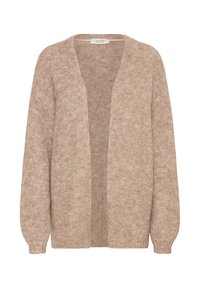 Cardigan beige, con apertura frontale, maniche lunghe, in tessuto a maglia texturizzato. Aspetto morbido con un leggero motivo mélange. Senza chiusure né decorazioni.