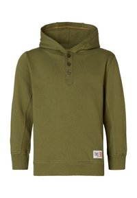 Olivgrüner Hoodie aus weich geppolstertem Stoff, mit Kapuze, Dreiknopf-Leiste und gerippten Bündchen. Kleine Etikette unten rechts.