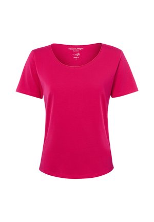 Krótki rękaw, koszulka damska w kolorze intensywnego różu o okrągłym dekolcie, regularnym kroju, wykonana z czystej bawełny, rozmiar mały.