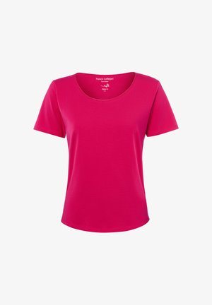 Krótki rękaw, koszulka damska w kolorze intensywnego różu o okrągłym dekolcie, regularnym kroju, wykonana z czystej bawełny, rozmiar mały.