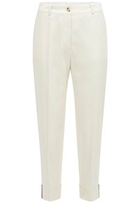 Jasnokremowe, dopasowane spodnie o gładkiej fakturze, z wysokim stanem, zapinane na pojedynczy guzik, z zakładkami z przodu oraz mankietami wykończonymi czarnymi akcentami.