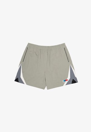 Pantaloncini sportivi grigi con vita elastica, tasche laterali e strisce inclinate bianche, grigie e nere vicino agli orli con piccolo logo sulla gamba destra.