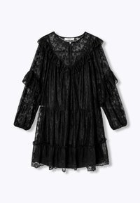 Robe en dentelle noire avec manches longues, encolure à volants et design à étages avec ourlet festonné. Texture douce avec matériau semi-transparent.