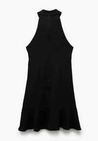 Schwarzes Halterkleid mit hohem Kragen, Rückenschlitzverschluss und ausgestelltem Saum. Hergestellt aus strukturiertem Stoff mit glatter Oberfläche.