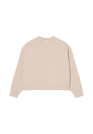 Sudadera beige de cuello redondo con mangas largas y un sutil logo de cocodrilo bordado en el pecho izquierdo.