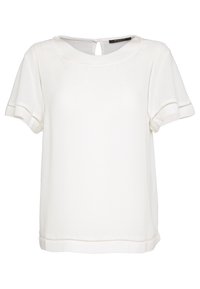 Blouse blanche à manches courtes avec un col rond et une ouverture en forme de goutte d'eau dans le dos. Présente des détails de couture subtils le long des manches et de l'ourlet.