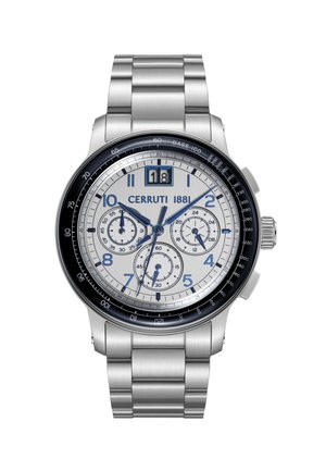 Reloj de pulsera Cerruti 1881 de acero inoxidable plateado con esfera blanca, agujas azules, tres subesferas, ventana de fecha y bisel taquímetro.