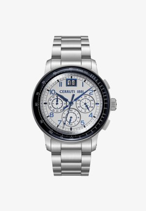 Srebrny zegarek na rękę Cerruti 1881 ze stali nierdzewnej z białą tarczą, niebieskimi wskazówkami, trzema subtarczami, okienkiem datownika i bezelem z tachymetrem.