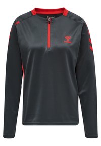 Mörkgrå långärmad tröja med kvartdragkedja, röda detaljer på kragen och ärmarna, samt en logotyp på bröstet. Slätt, lätt material.