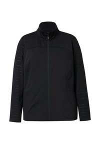 Svart idrottsjacka med hög krage, hel dragkedja och texturerad detaljering på ärmarna. Två sidofickor ingår.