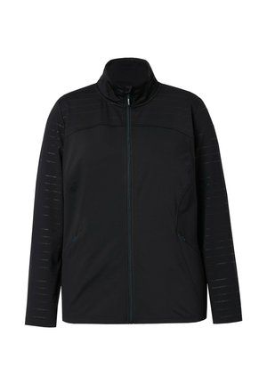 Giacca sportiva nera con colletto alto, chiusura a zip full-length e dettagli texturizzati sulle maniche. Inclusi due taschini laterali.