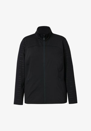 Giacca sportiva nera con colletto alto, chiusura a zip full-length e dettagli texturizzati sulle maniche. Inclusi due taschini laterali.