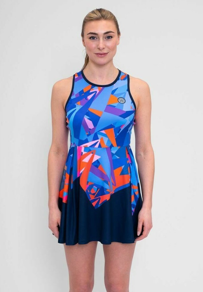 Kleurrijke sportjurk met een geometrisch patroon in tinten van blauw, oranje en roze. Gemaakt van een rekbare, gladde stof met een uitlopende rok.