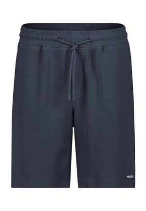 Marineblaue Shorts aus strukturiertem Stoff mit elastischem Bund und vorderseitigem Kordelzug, knielang, mit kleinem Markenlogo am unteren linken Bein.
