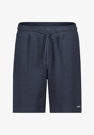 Marineblaue Shorts aus strukturiertem Stoff mit elastischem Bund und vorderseitigem Kordelzug, knielang, mit kleinem Markenlogo am unteren linken Bein.