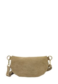 Sac en daim marron clair avec un corps arrondi, accents en métal doré et une bandoulière réglable. Surface texturée avec une finition lisse.