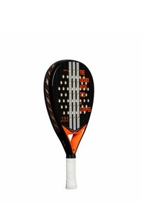Schwarze Padel-Schläger mit ovalem Kopf, strukturierten Oberflächen, weißen und orangen Akzenten, versehen mit Perforationen und einem umwickelten Griff.