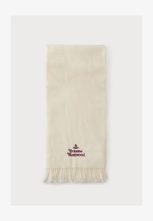 Écharpe couleur crème avec des extrémités à franges et un petit logo brodé Vivienne Westwood en rouge foncé près du bord inférieur.