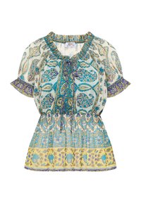 Blusa con stampa floreale realizzata in un tessuto leggero e trasparente, con scollatura arricciata e legacci, maniche corte con volant e motivi sovrapposti in blu, giallo e viola.