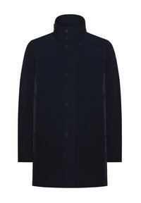 Cappotto impermeabile da uomo di colore blu scuro, con colletto alto, bottoni a pressione frontali e tasche laterali con zip, esposto su uno sfondo bianco.
