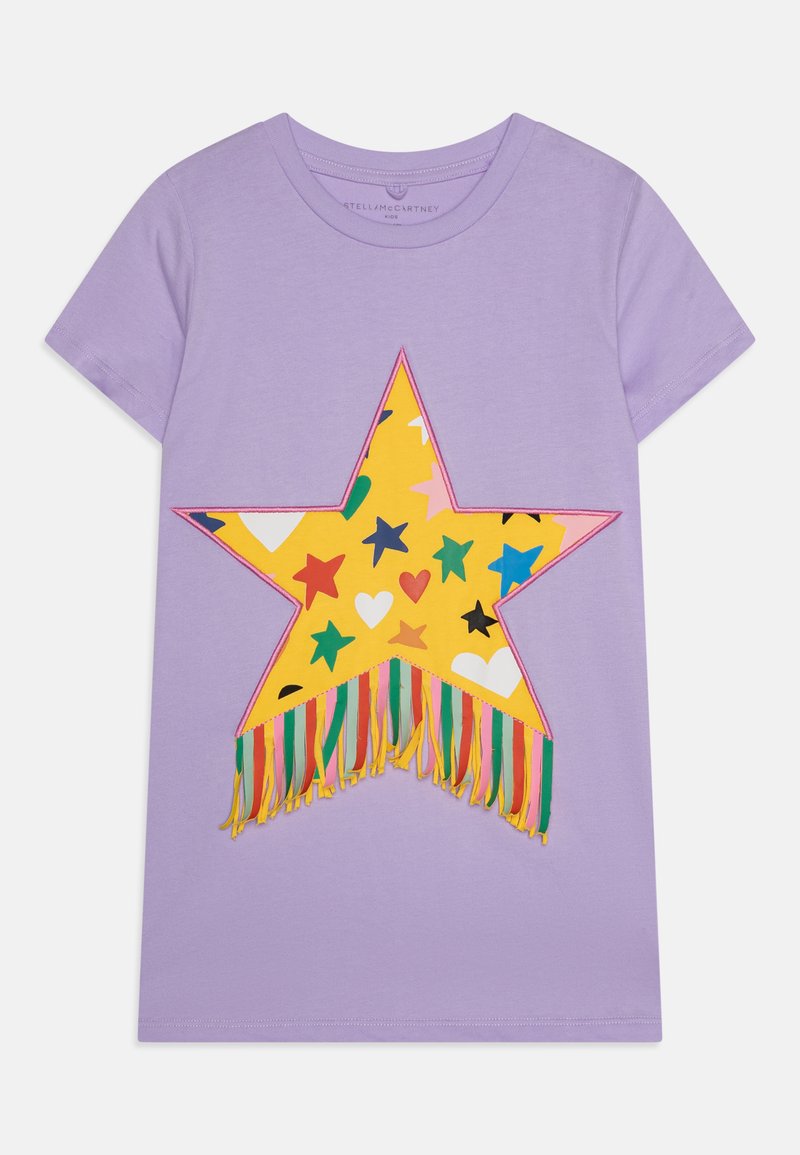 Purple cotton t-shirt featuring a large yellow star design with multicolored star and heart patterns and multicolored fringe at the bottom.