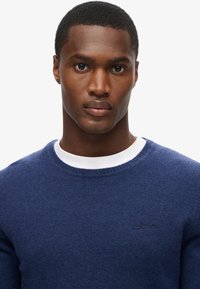 Maglione blu navy con collo tondo, realizzato in morbido tessuto a maglia. Presenta un discreto dettaglio del logo sul petto. Texture liscia, design aderente.