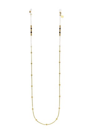 Zarte Brillenkette mit weißen, schwarzen und goldenen Perlen, verbunden mit einer dünnen goldfarbenen Kette mit verteilt angeordneten goldenen Kugeln.