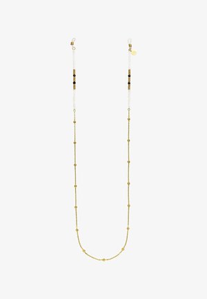 Zarte Brillenkette mit weißen, schwarzen und goldenen Perlen, verbunden mit einer dünnen goldfarbenen Kette mit verteilt angeordneten goldenen Kugeln.