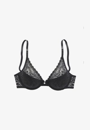 Black lace bra with underwire, scalloped edges, and satin straps. Features a small decorative button at the center front.