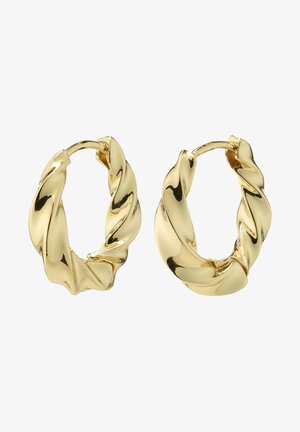 Złote kolczyki w kształcie obręczy z wykręconym wzorem, charakteryzujące się błyszczącą powierzchnią i gładką teksturą. Okrągły kształt z bezpiecznym zapięciem.