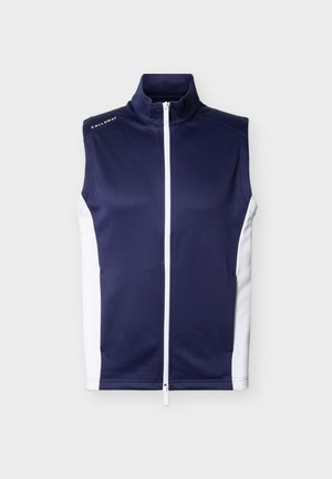 Tmavomodrá bezrukávová vesta s bielymi bočnými panelmi, predným zipsom, vysokým golierom a logom "Callaway" na ľavom ramene.