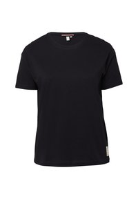 Czarny bawełniany t-shirt z krótkim rękawem, okrągłym dekoltem i prostym krojem. Posiada małą metkę po lewej stronie na dole.