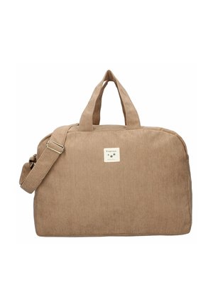 Beige corduroy duffel bag with two handles and adjustable shoulder strap, featuring a small front patch label with stars and text.