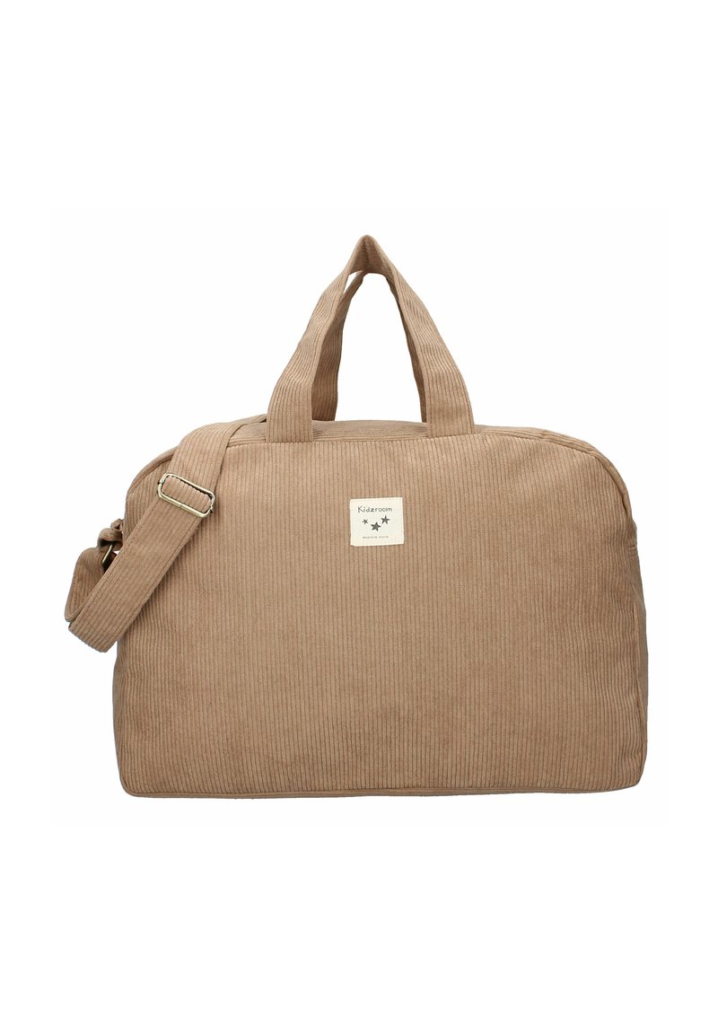 Beige kordflöjd duffelväska med två handtag och justerbar axelrem, med en liten framficka med etikett med stjärnor och text.