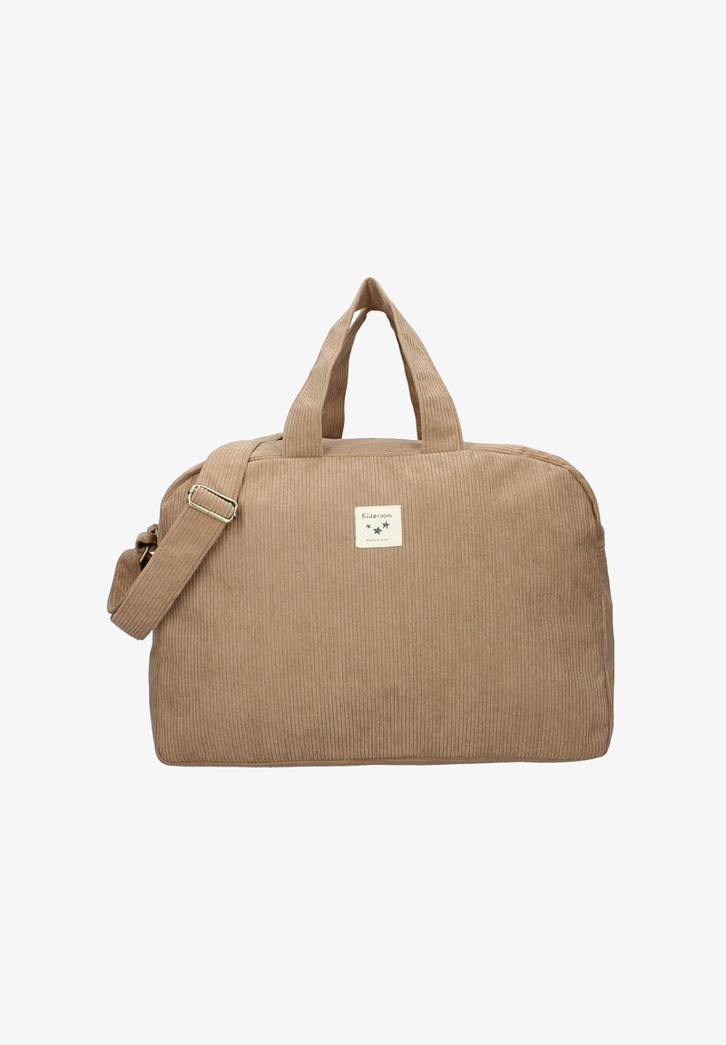 Beige kordflöjd duffelväska med två handtag och justerbar axelrem, med en liten framficka med etikett med stjärnor och text.