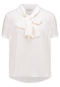 Blusa blanca de tejido suave, con mangas cortas, un collar con un detalle de lazo en el cuello y un dobladillo redondeado.
