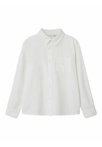 Camicia bianca in lino con colletto classico, maniche lunghe e una tasca sul petto. Texture morbida con un taglio rilassato.