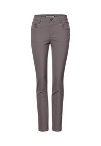 Slim-fit broek in een gedempte bruine kleur, gemaakt van een soepele stof. Voorzien van twee met rits afgesloten voorzakken en een knoopsluiting op de taille.