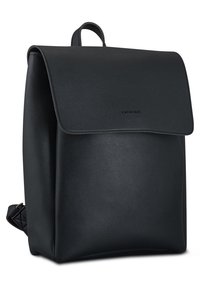 Black leather backpack with a minimalist design. Features a flap closure, adjustable straps, and embossed logo at the front. Smooth texture.