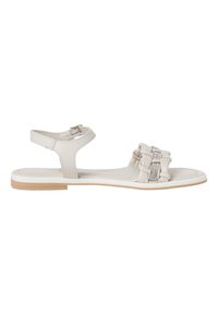 Sandales beige clair à semelle plate, avec un design tressé et ornées de petits faux gemmes sur la bride avant. Bride de cheville ajustable.
