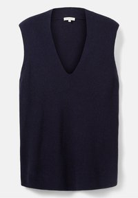 Gilet sans manches en maille bleu marine foncé avec un col en V profond et une étiquette de taille moyenne à l'intérieur du col, présenté sur fond blanc.
