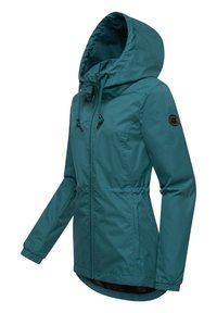 Teal nylon jacket with a drawstring hood, zip closure, elastic cuffs, and side pockets. Features a logo patch on the left sleeve.