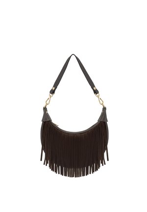 Dark brown suede shoulder bag with long fringe detailing and a black leather strap with gold-tone clasps and rivets.